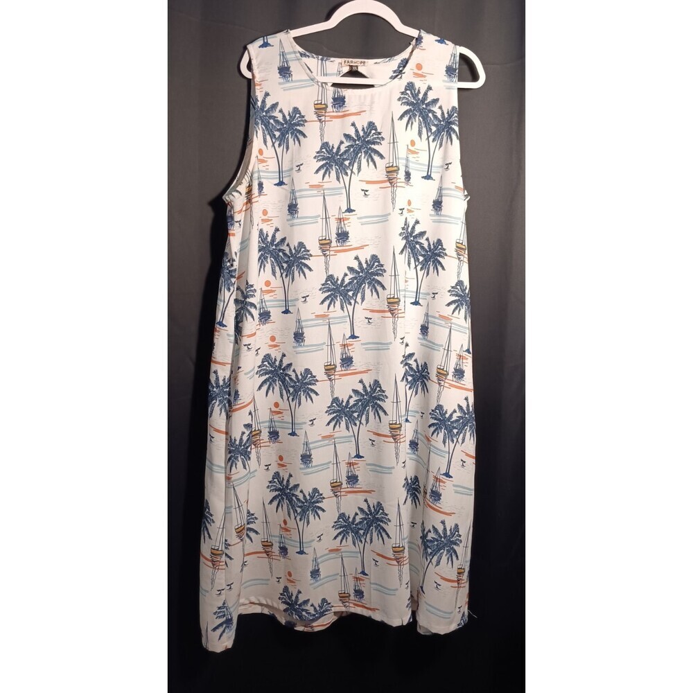 FAIRHOPE XXL White Palm Tree Sail Boat Beachy Resortwear Midi Dress Keyhole Back